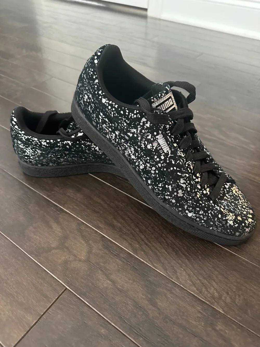 Puma Men's 10 Suede Black & Silver Metallic Splatter 2016 Sneakers